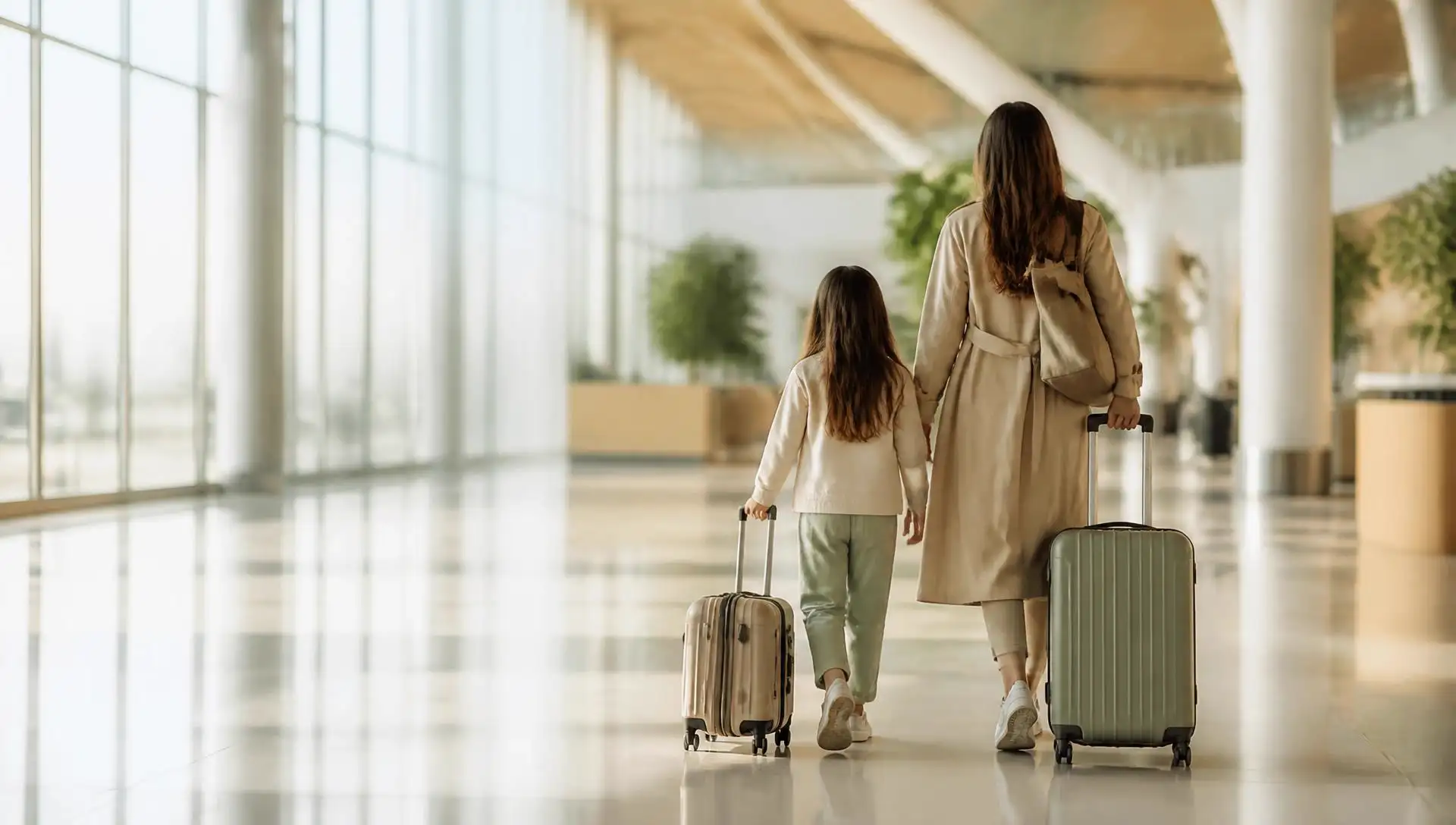 Mother and daughter walking through airport with luggage